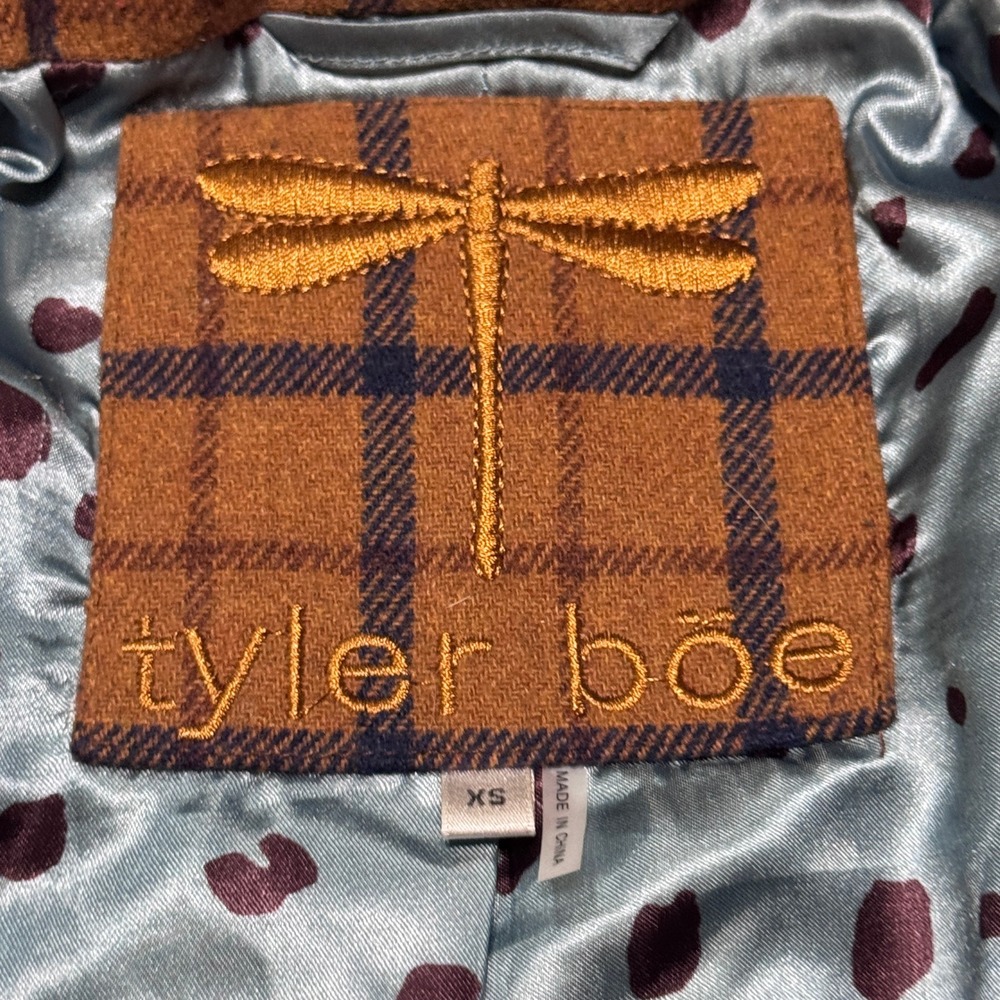 Tyler Boe Womens XS Plaid Wool Blend Coat Brown Navy Blue Leopard Lined Xsmall - Picture 5 of 8